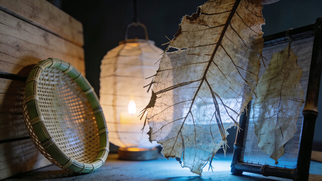 A close-up still life featuring a translucent skeletonized grape leaf on a bamboo frame, illuminated by a warm paper lantern with a woven basket and wooden crates
