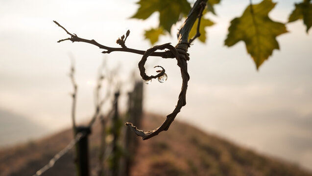 Macro shot of a curled grapevine tendril with two crystal clear sap drops at sunrise, with blurred vineyard rows on a hill in the background