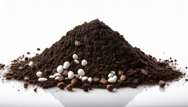 pile of dark potting soil with perlite on a white background