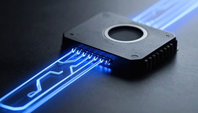 Detailed close-up of a superconducting quantum computing qubit control line glowing blue