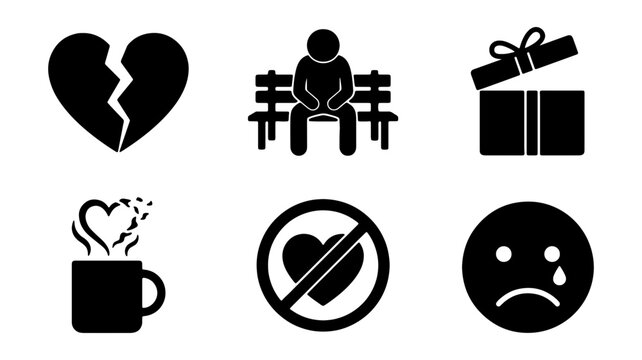 Sadness and heartbreak icons set. Broken heart and lonely man vector.