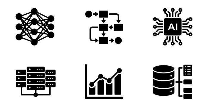 Artificial intelligence icons, 6 machine learning vector elements, data set