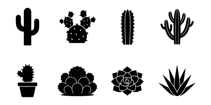 Minimalist cactus icon set, black desert plant silhouettes, 8 vector icons