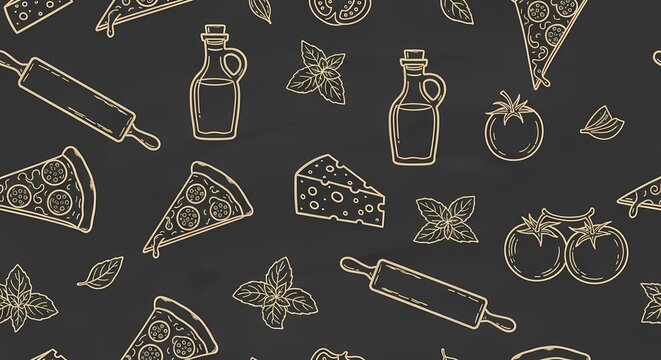 Hand drawn pizza food icons set on blackboard seamless pattern vector illustration