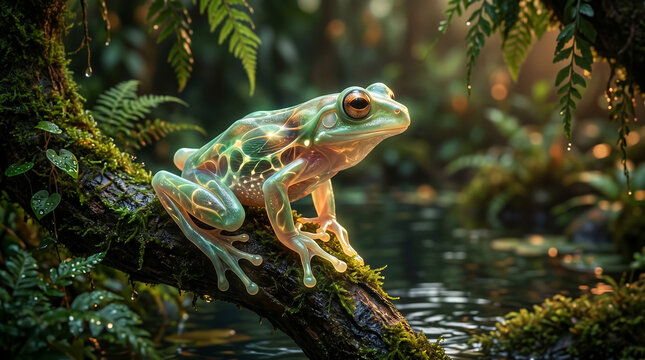 Bioluminescent glowing frog sitting on wet forest branch