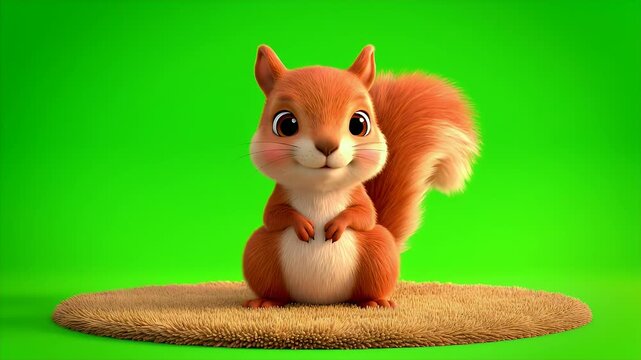 Adorable cartoon squirrel with fluffy tail and big eyes standing on a small patch of grass against a vibrant green screen