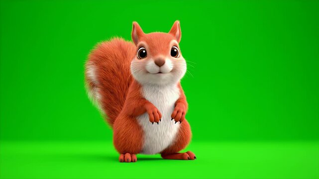 Adorable Fluffy Red Squirrel Character with Big Eyes and Bushy Tail Isolated on a Vibrant Green Screen Background Performing