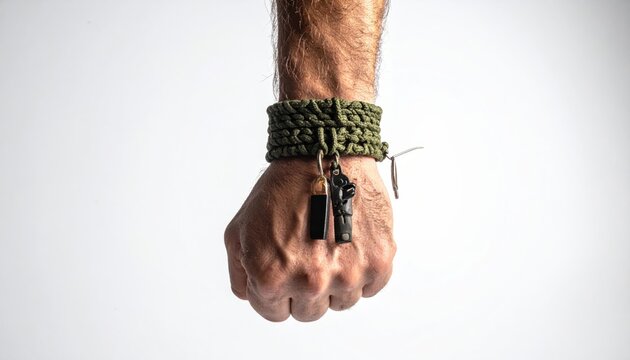 Rugged paracord survival bracelet with integrated tools worn on a man's wrist