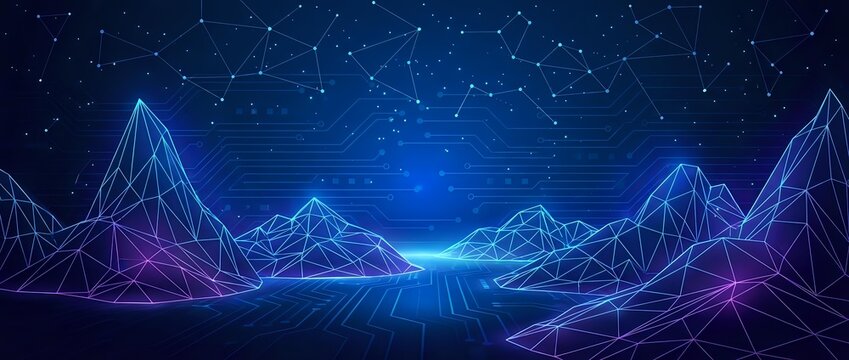 Futuristic digital landscape with glowing neon mountains and starry sky. Abstract cyber terrain with geometric wireframe peaks in blue and purple colors.