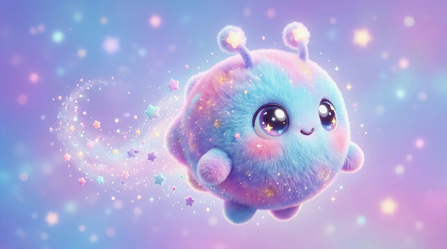 Cute fluffy blue alien creature with glowing eyes and antennae floats through a magical starry space filled with sparkling dust and colorful lights.