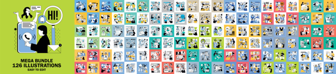 Naklejka na ściany i meble Mega set of flat concepts. Contains such business and finance, software development, marketing, education, medicine, SEO, shopping, startup, social media and more. Bundle vector illustrations.