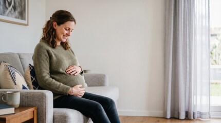 Obraz premium Pregnant woman smiling at home in cozy living room, joyful expectant mother cradling belly