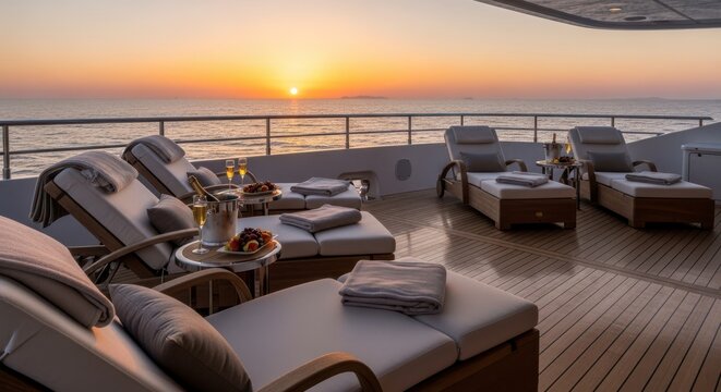A luxurious yacht deck with lounge chairs and a table set for a relaxing evening at sunset over the ocean