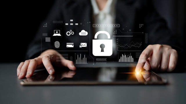 Digital cyber security lock system highlighting data security encryption, cyber password protection, fingerprint ID, cloud storage safety, and cyber security for online access Latch