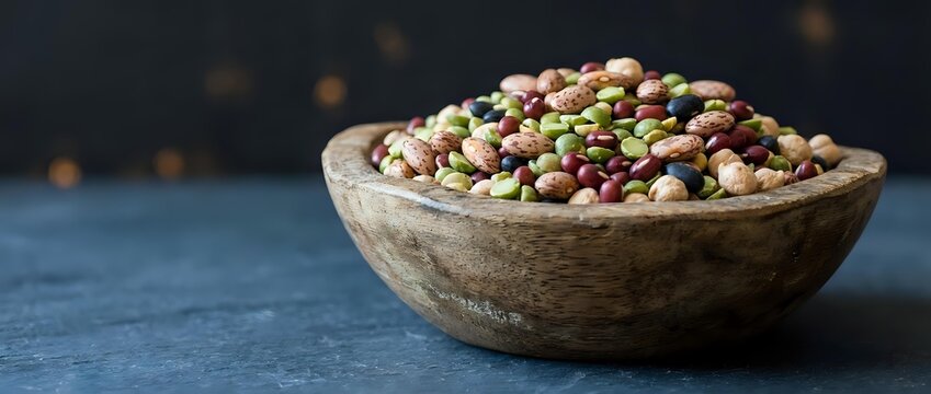 Mixed colorful legumes and beans in rustic wooden bowl on dark blue surface for healthy cooking and nutrition concepts.