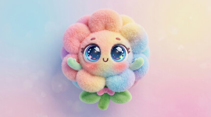 Fototapeta premium Cute fluffy rainbow flower character with big blue eyes and green leaves on pastel gradient background