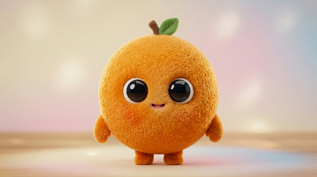 Cute fuzzy orange character with big eyes and small limbs standing on a soft pastel background with bokeh lights.