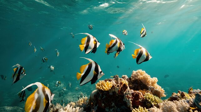 School of bannerfish in front of a coral bommie in crystal water, cheerful bestselling reef image with premium travel-stock polish, bright tropical daylight