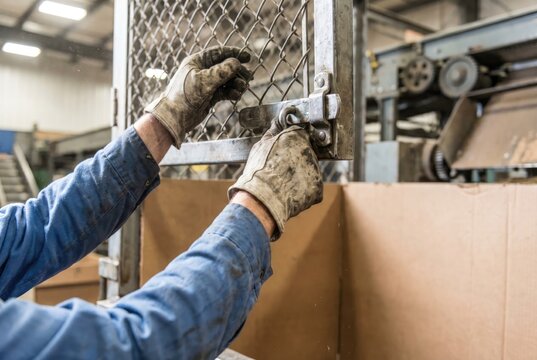 Factory worker wearing dirty leather gloves securing a heavy metal latch on a wire mesh gate