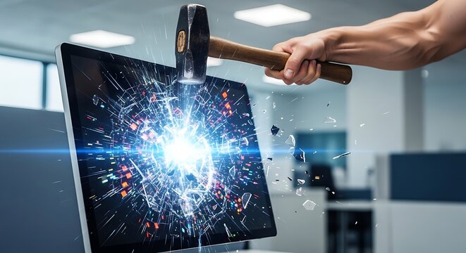Tangan Menghancurkan Layar Komputer dengan Palu, Pecahan Kaca Bertebaran di Ruangan Kantor Modern