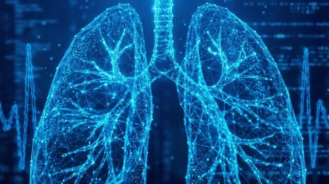 Digital rendering of human lungs with medical data visualization, suitable for healthcare presentation, biology study, research, clinic, and education.