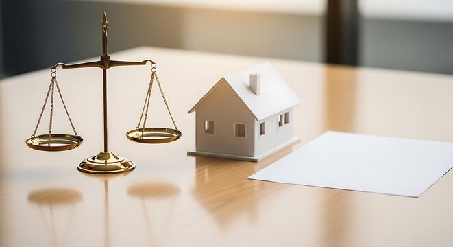 Timbangan Keadilan dan Miniatur Rumah di Atas Meja Kayu, Konsep Properti dan Hukum