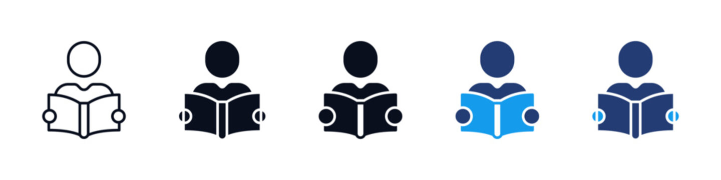 Reading icon set showing a person reading an open book in outline and solid styles, representing education, learning, knowledge, academic study, and literacy concepts. web app icons