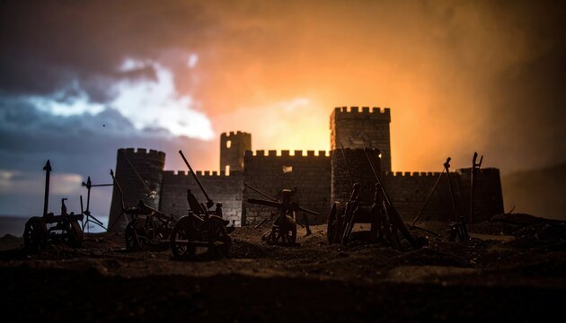 Miniature Medieval Siege Scene with Trebuchets and Battering Rams at Sunset