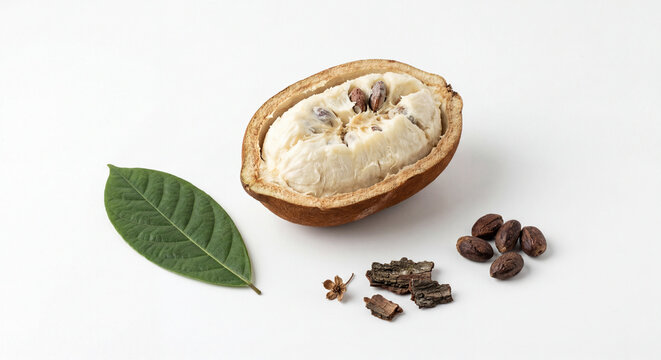 Open cupua&ccedil;u fruit showing fresh pulp and seeds, isolated on a white background with a green leaf and bark pieces.