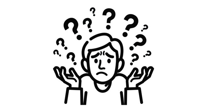 Man confused with many question marks floating above his head and hands up in confusion