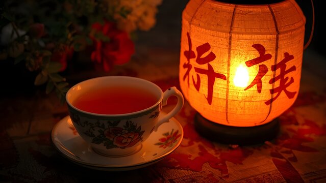 A warm tea cup resting beside a glowing traditional paper lantern in a cozy dimly lit setting