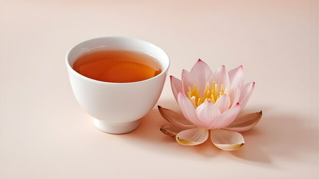 A serene composition of a white ceramic tea cup filled with herbal tea next to a pink lotus flower