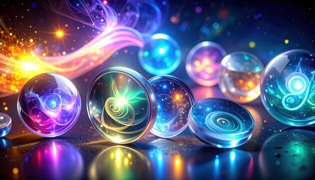 Array of glowing abstract cosmic tokens and shimmering light effects with vibrant swirling patterns