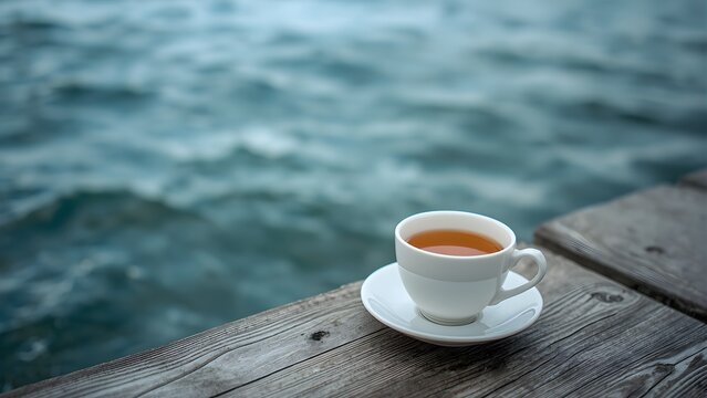 A peaceful white cup of tea resting on a wooden dock overlooking the calm blue waters of the lake