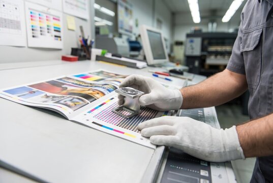 Professional printing press operator using a magnifying loupe to inspect the color registration on a printed test sheet