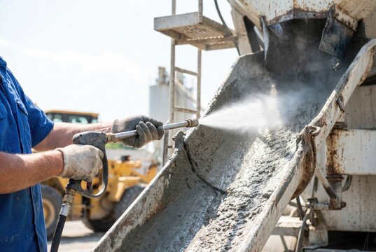 Construction worker using a high-pressure water hose to clean wet cement residue from the chute of a concrete mixer truck