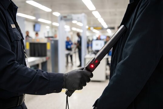 Airport security officer wearing black gloves scanning a passenger with a handheld electronic metal detector wand at a checkpoint