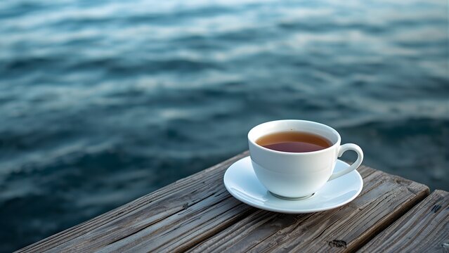 A serene white cup of tea resting on a weathered wooden pier overlooking the deep blue sea water