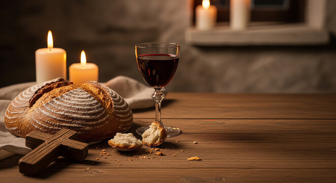Bread and wine on wooden table with christian cross and candles. Symbols of holy communion or eucharist. Biblical concept representing last supper, sacrifice, faith and christianity.