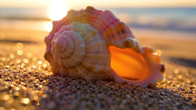 Large conch seashell on golden sand beach at sunset