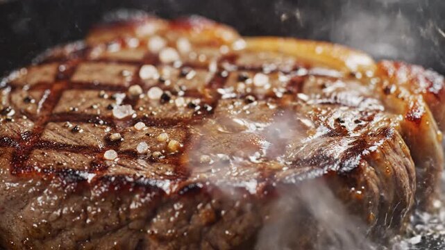 Juicy grilled beef steak seasoned with coarse salt