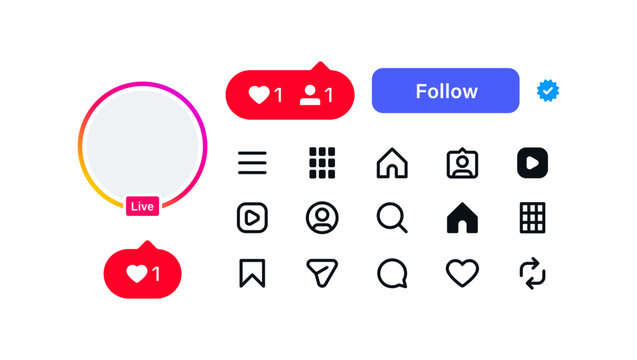 Social media icon set Instagram icons including profile, home, photo grid, tag, heart, home, comment, repost, save, and share symbols, follow button . social media post interaction, notification icons