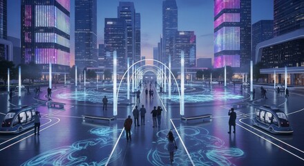 Fototapeta premium A futuristic cityscape at dusk with vibrant neon lights and people walking in a modern urban environment