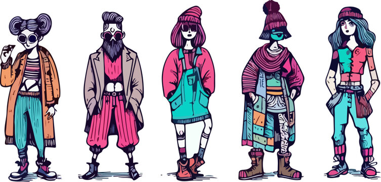 Urban Hipster People Illustration Set Showing Trendy Streetwear Fashion, Tattooed Characters, and Modern Youth Culture in Colorful Art Style