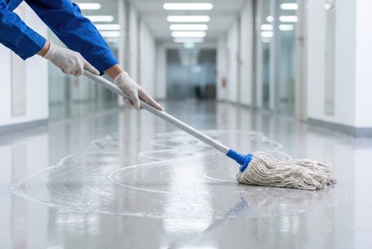Cleaner mopping wet floor with soapy water in modern empty office building hallway