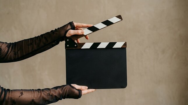 Hands wearing sheer black patterned sleeves hold an open black clapperboard with white and black stripes for filmmaking production movie cinema clapboard director scene action