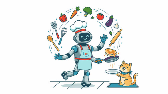 Chef Robot Cooks Food and Juggles Vegetables with Happy Cat Assistant