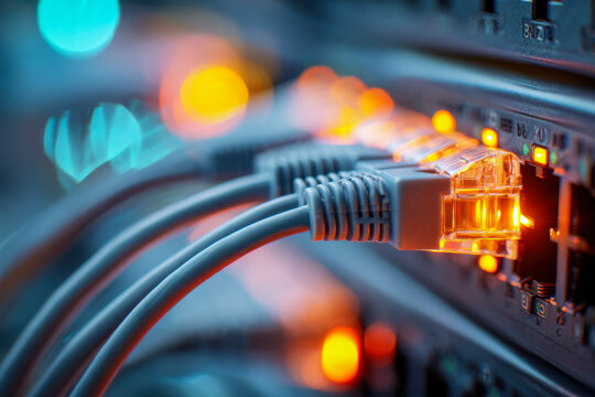 Ethernet cables connected to a network switch with glowing status lights indicating active data transmission and network connectivity signals