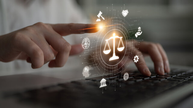 Futuristic digital law interface displaying justice scale, highlighting digital law, AI compliance, digital law systems, and digital law regulations for secure governance. Spline