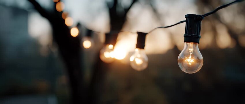 String of vintage light bulbs glowing outdoors at sunset
